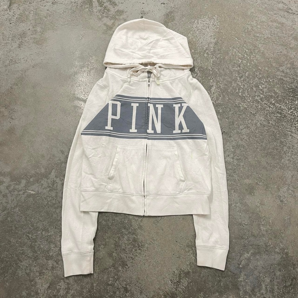 Victorias Secret PINK Full Zip Hoodie Vintage Y2K Slim Fit White Grey Small